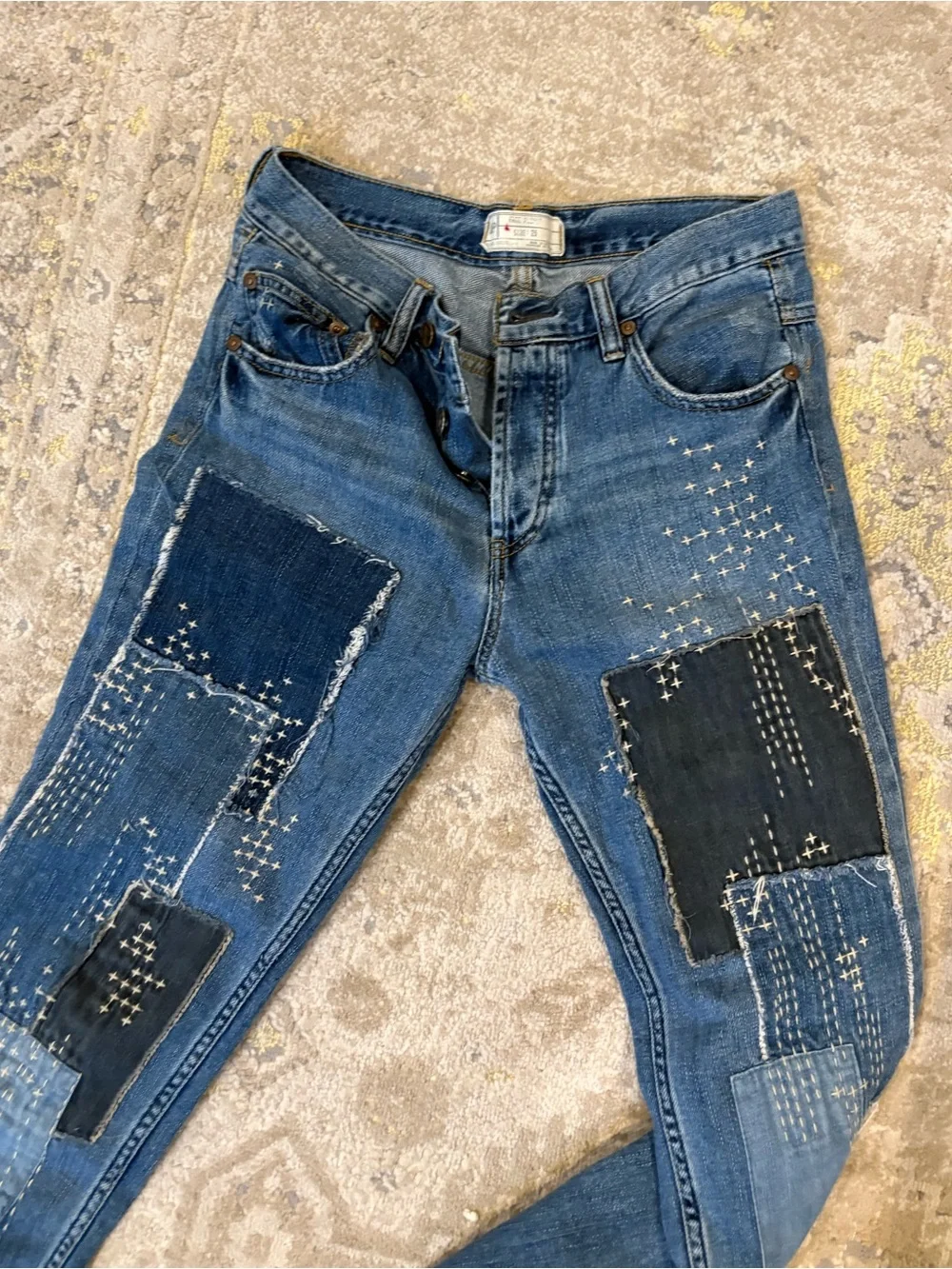 Free People Blue Patchwork Jeans